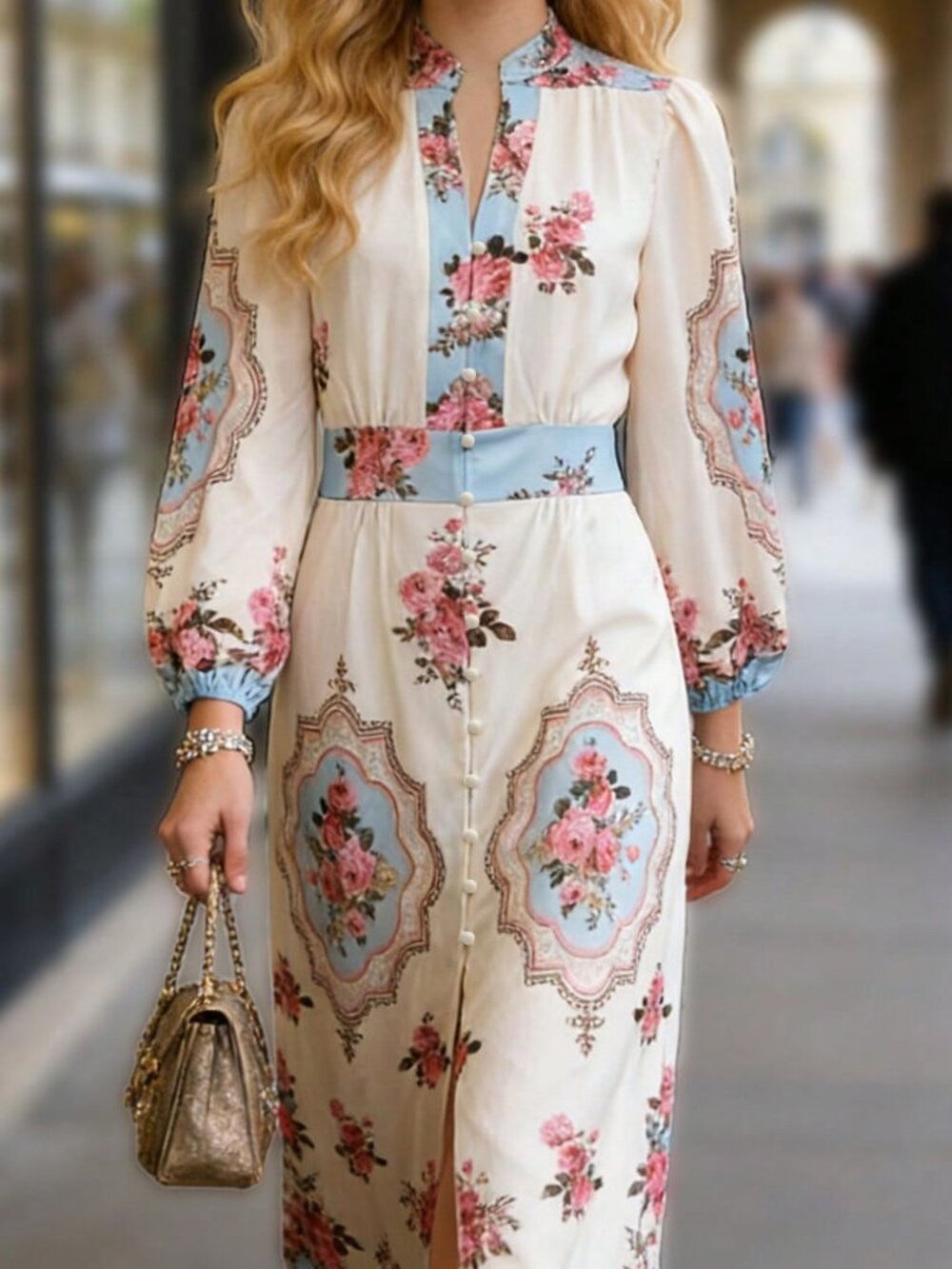 Beige Elegant Women's Print V-Neck Waist Cinched Long Dress - Picture 4 of 4